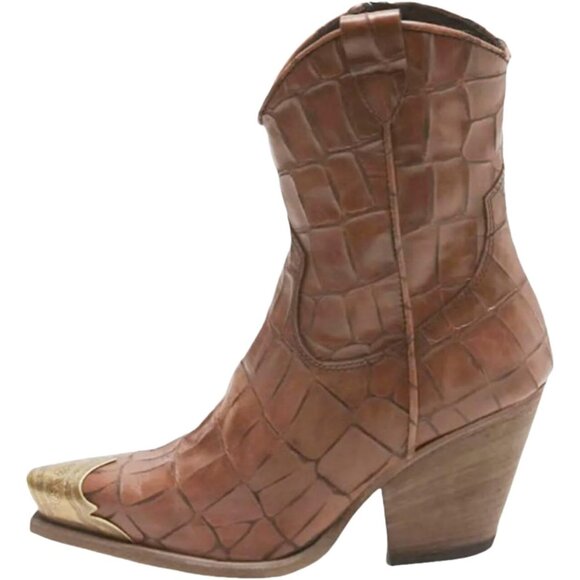 Women's Brown Stone Faux Leather Steel Toe Side Zipper Block Heel Ankle Boots - Picture 1 of 5